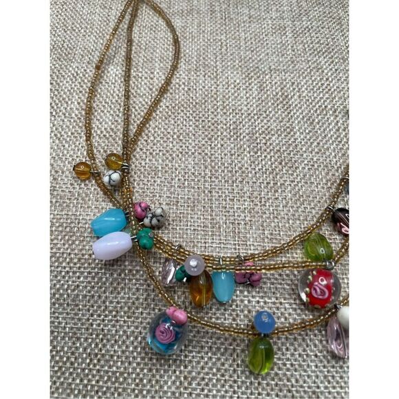 3 Strand Beaded Jelly Bean Glass And Other Glass Necklace Multicolored Silver - Picture 5 of 8